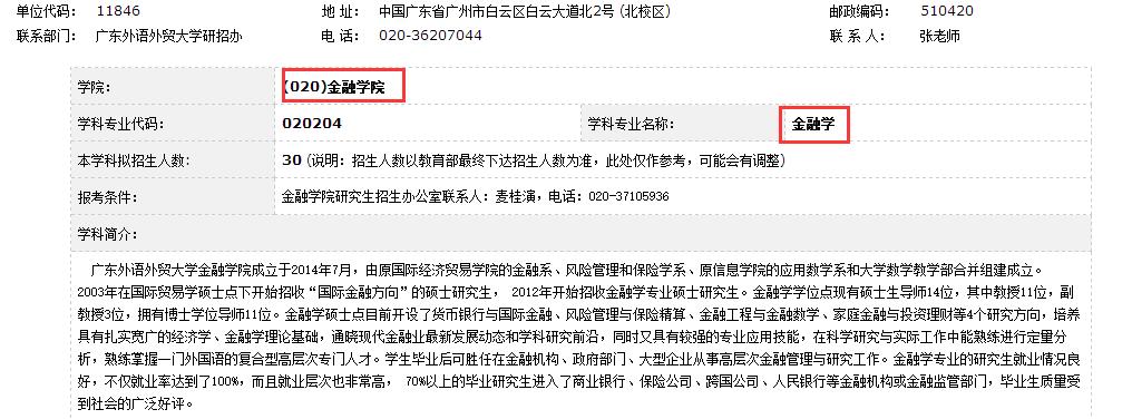 广东外语外贸金融学院2017金融学硕士招生简章与目录
